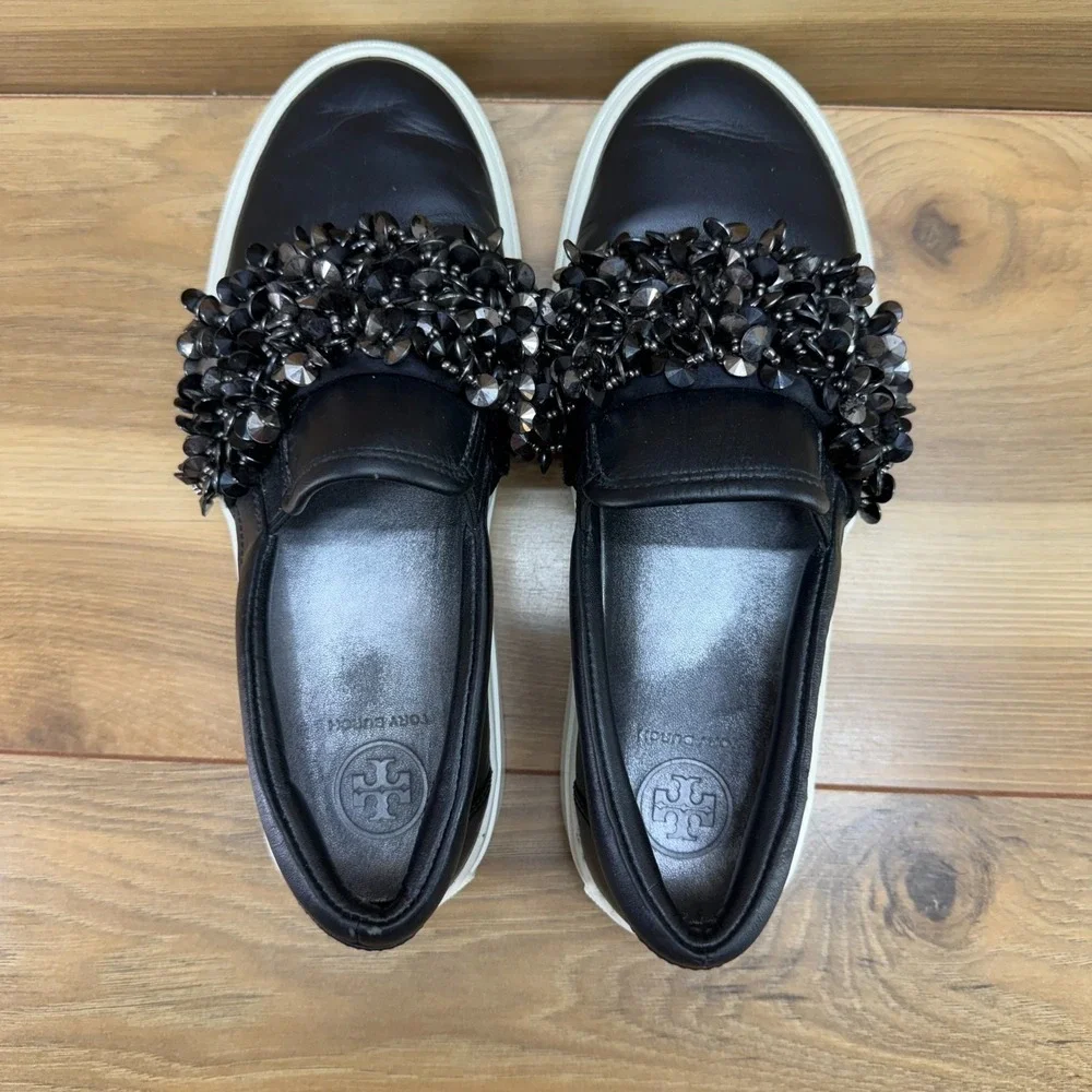 Tory Burch Logan Embellished Slip On 5 M Black Leather Beaded Pewter Casual Walk
